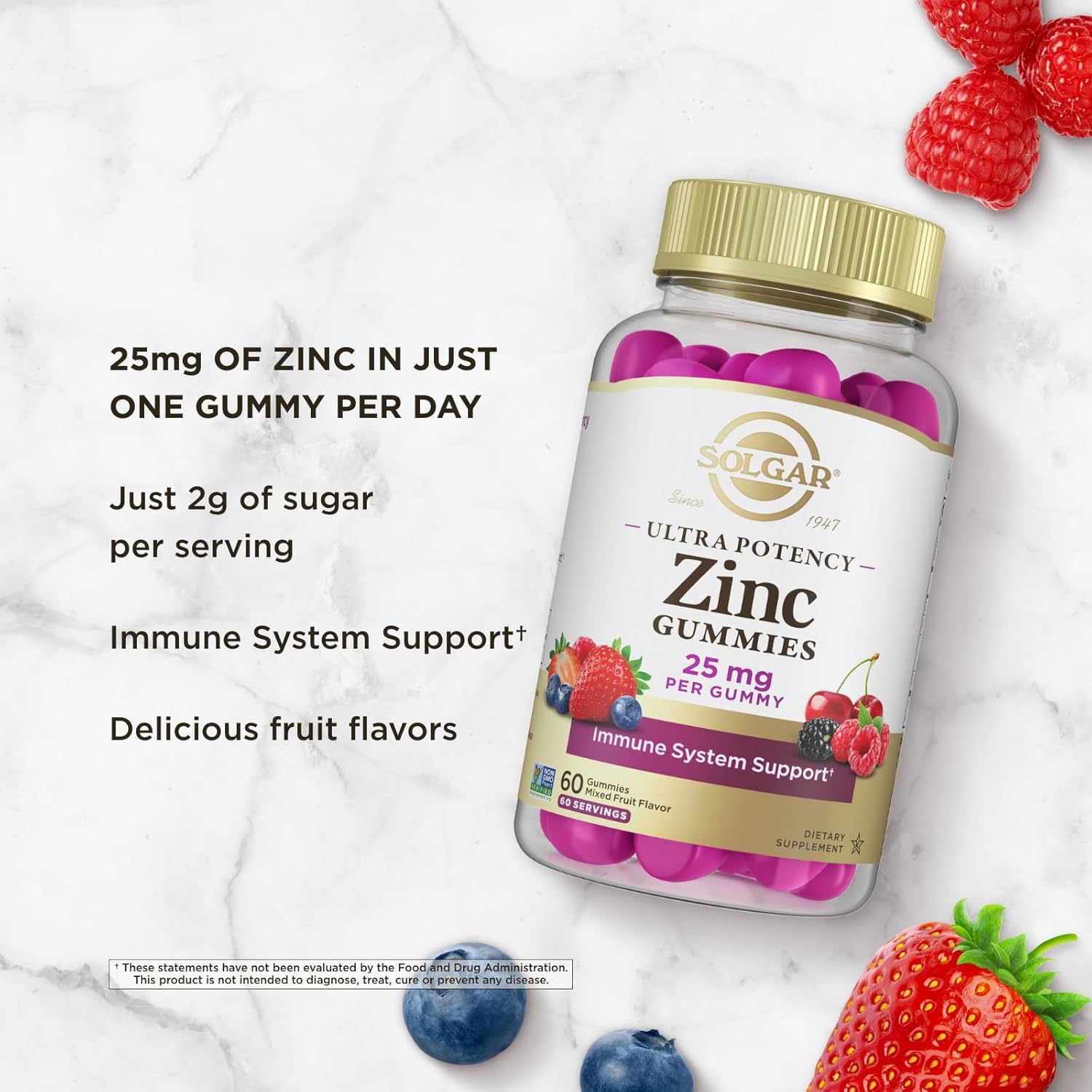 Solgar Zinc Gummies Adult Vitamin with 25mg Ultra Potency Zinc Citrate for Immune Support - Mixed Fruit Flavor, Vegan, Kosher & Gluten Free Gummy Supplements for Women & Men, 2g Sugar, 60 Servings : Health & Household