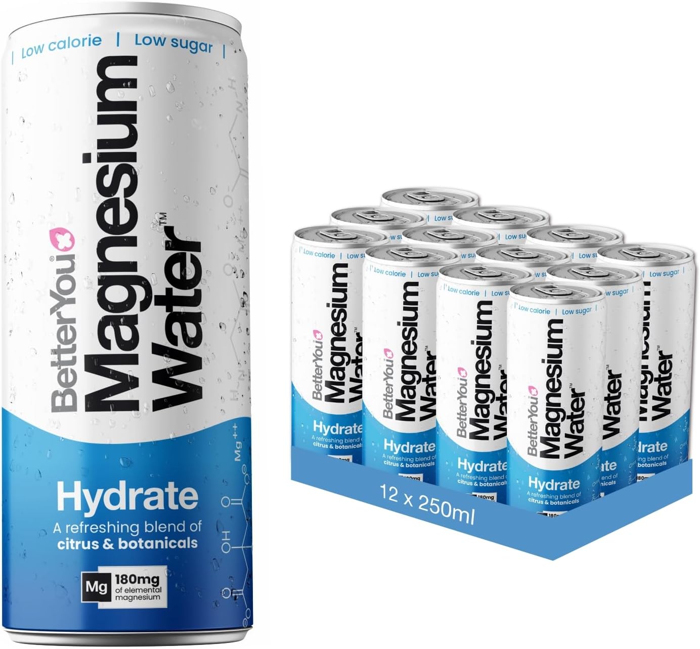 Betteryou Magnesium Mineral Water, Focus, Magnesium Glycinate Blend With Caffeine And B Vitamins, Elevate Alertness And Mental Clarity, Blueberry Mint Infusion For Refreshing Focus, Pack Of 12, 250 Ml