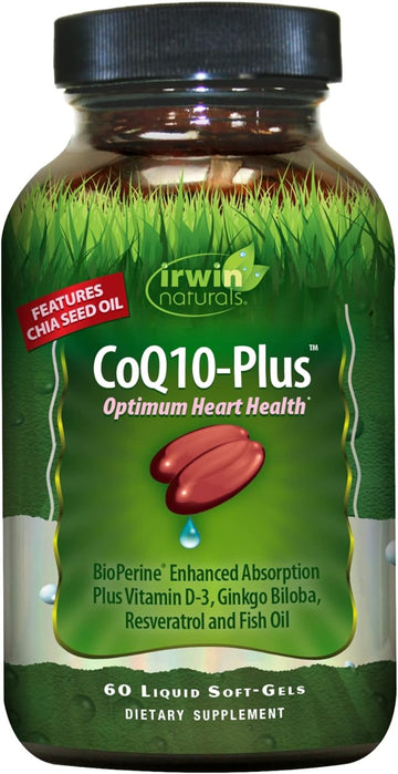 Irwin Naturals CoQ10-Plus Optimum Heart Health Support Supplement - Powerful Antioxidant & Energy Boost - Enhanced Absorption with Vitamin D3, Ginkgo, Resveratrol & Omega 3's - 60 Liquid Softgels