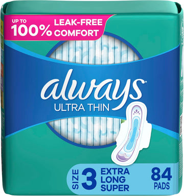Always Ultra Thin Feminine Pads For Women, Size 3 Extra Heavy Long Absorbency, Multipack, With Wings, Unscented, 28 Count (Pack Of 3)