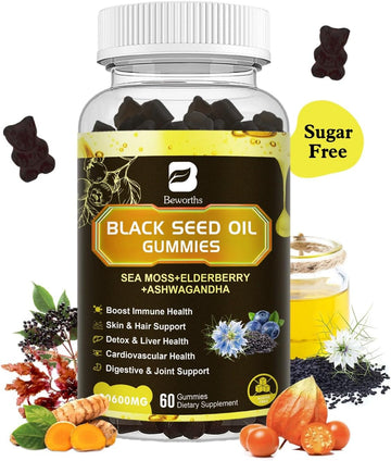 Black Seed Oil & Sea Moss Gummies, Organic Irish Sea Moss Gummies With Ashwagandha, Black Seed Oil, Elderberry, Turmeric, Vitamin D3/C And Zinc - Immune Support, Joints, Digestion, Hair & Skin