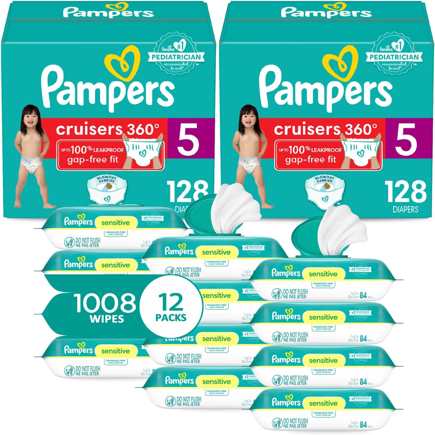 Pampers Pull On Cruisers 360° Fit Disposable Baby Diapers Size 5, 2 Months Supply (2 X 128 Count) With Sensitive Water Based Baby Wipes 12X Multi Pack Pop-Top And Refill (1008 Count)