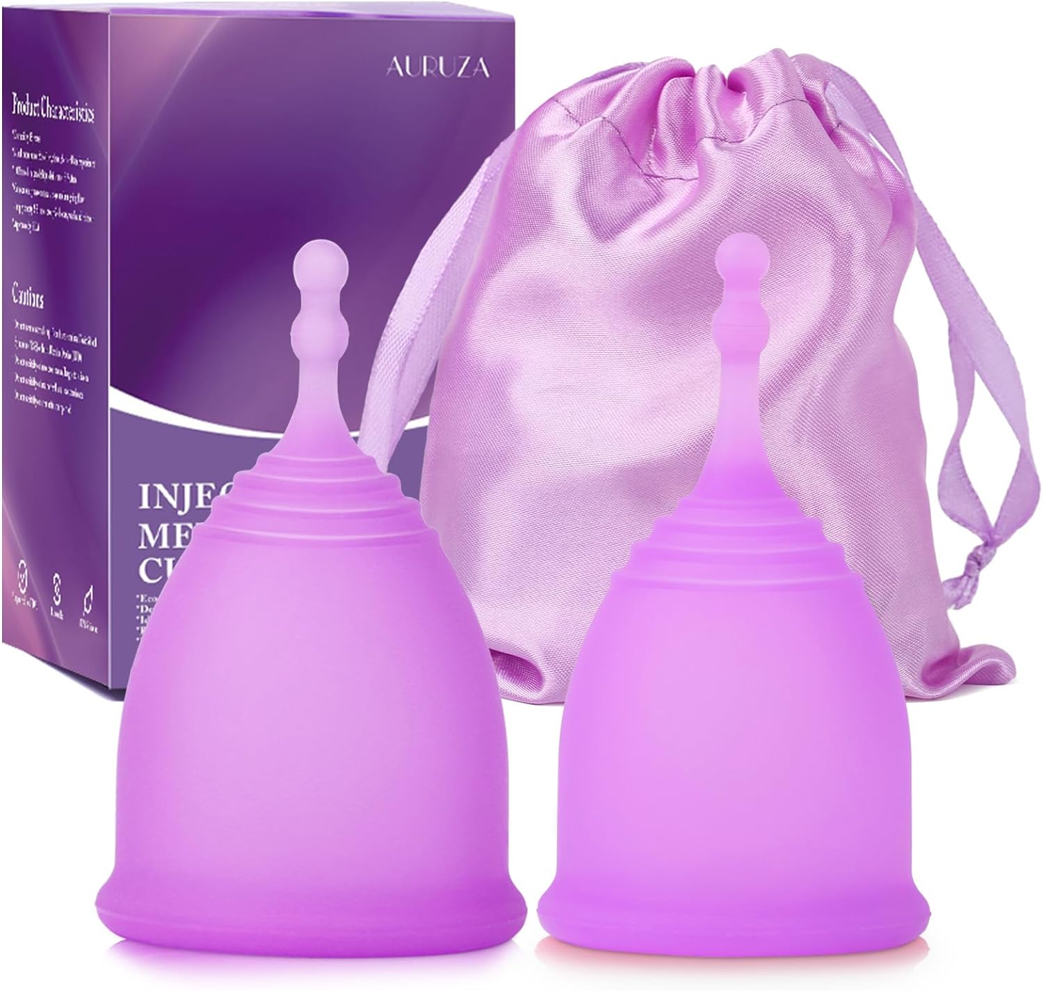 AURUZA Menstrual Cups, Set of 2 Reusable Period Cups Kit for Girls & Women, Silicone Soft Cups Menstrual Organic Cups, Medical-Grade Silicone + 1 Storage Bag (2 Purple ?1 Large + 1 Small?)