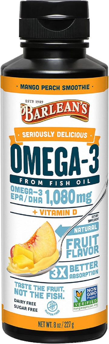 Barlean's Mango Peach Omega 3 Fish Oil Liquid Supplement with Vitamin D, 1080mg EPA & DHA Fatty Acid, Smoothie Flavored & Burpless for Brain, Joint, & Heart Health, 8 oz