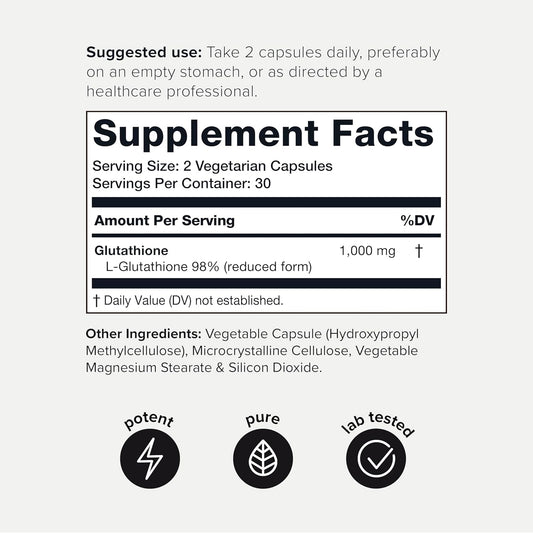Toniiq Ultra High Strength Glutathione Capsules - 1000Mg Concentrated Formula - 98%+ Highly Purified And Bioavailable - Non-Gmo Fermentation - 60 Capsules Reduced Glutathione Supplement