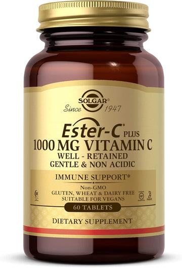 Solgar Ester-C Plus 1000 Mg Vitamin C (Ascorbate Complex), 60 Tablets - Gentle On The Stomach & Non Acidic - Antioxidant & Immune System Support - Non Gmo, Vegan, Gluten Free, Kosher - 60 Servings