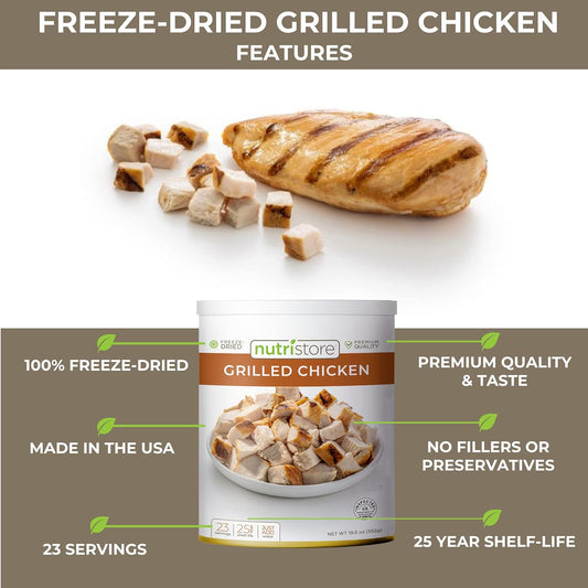 Nutristore Freeze-Dried Grilled Chicken | Premium Quality Pre-Cooked Chicken Breast | Survival Emergency Food Supply | Home Meals & Lightweight Camping | USDA Inspected | 25-Year Shelf Life