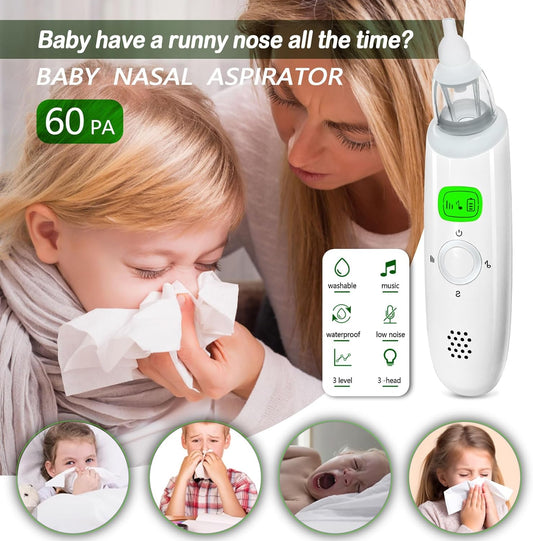 Nasal Aspirator for Baby, Electric Nose Aspirator for Toddler, with 3 Silicone Suck Head, Baby Nose Sucker,Automatic Nose Cleaner,Adjustable Suction Level, Music and Light USB Rechargeable