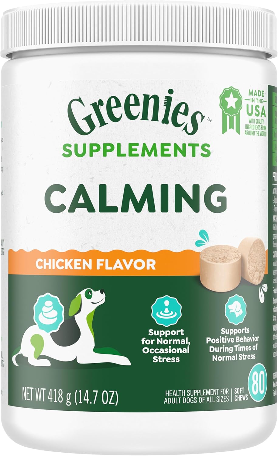 Greenies Supplements Calming Chews For Dogs Chicken Flavor, 80 Count Soft Chews Dog Calming Supplements, 14.7 Oz