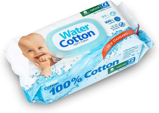 Water Cotton Baby Wipes 100% Biodegradable Sensitive Baby Safe Sweet Almond Oil Panthenol, White, Aloe Vera, 72 Count