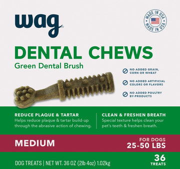 Amazon Brand - Wag Dental Dog Treats To Help Clean Teeth & Freshen Breath - Medium, Unflavored, 36 Count (Pack Of 1)