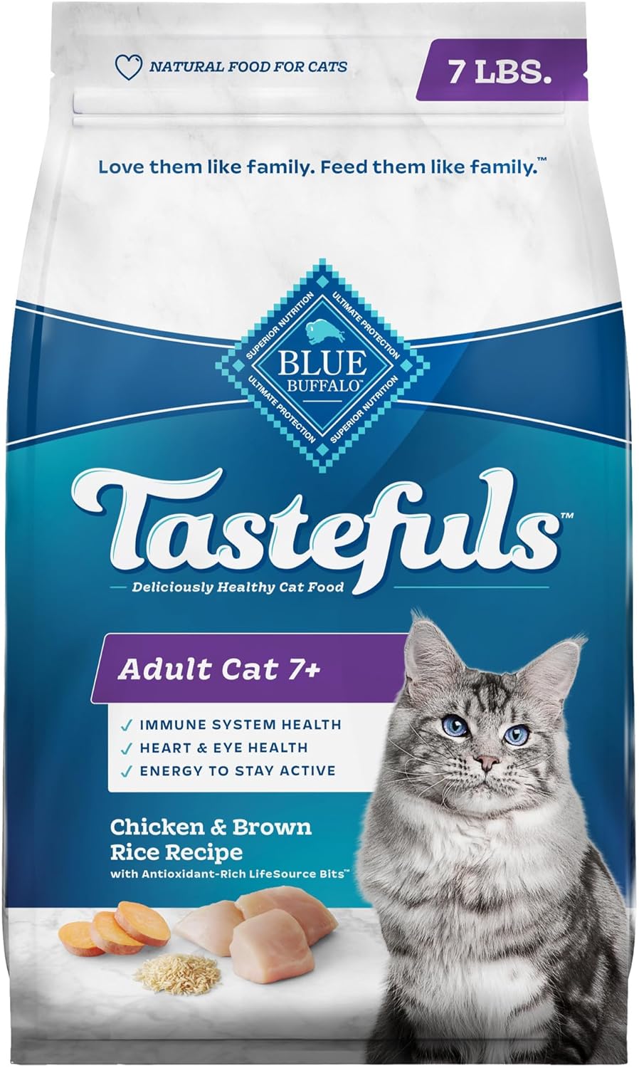 Blue Buffalo Tastefuls Natural Dry Food For Adult Cats 7+, Chicken & Brown Rice Recipe, 7-Lb. Bag