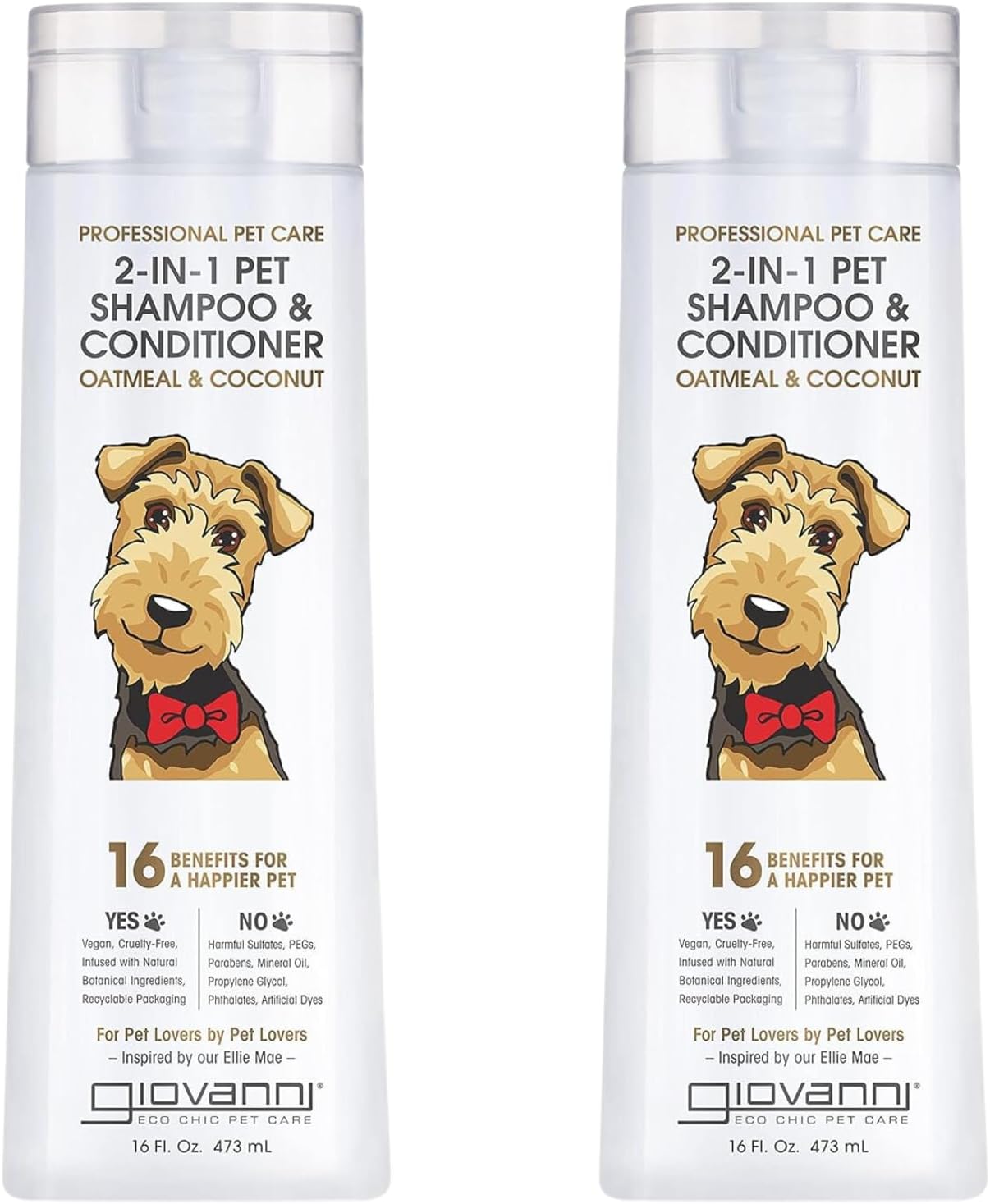 Giovanni Professional 2-In-1 Pet Shampoo & Conditioner - For Dogs & Cats, Oatmeal & Coconut, Helps Neutralize Odors, Deeply Cleanses, Silkens, Controls Static - 16 Oz (Pack Of 2)