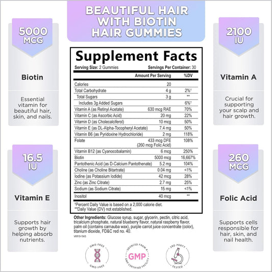 Hello Lovely! Hair Vitamins Gummy With Biotin 5000 Mcg Vitamin E & C Support Hair Growth, Premium Vegetarian Non-Gmo, For Stronger Beautiful Hair, Skin & Nails Supplement - 60 Bear Gummies