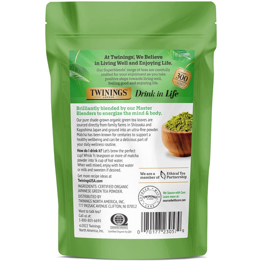 Twinings Organic Japanese Matcha, Pure Ground Green Tea Powder Culinary Grade, 3.53 Ounce/100G Bag, Enjoy Hot Or Iced