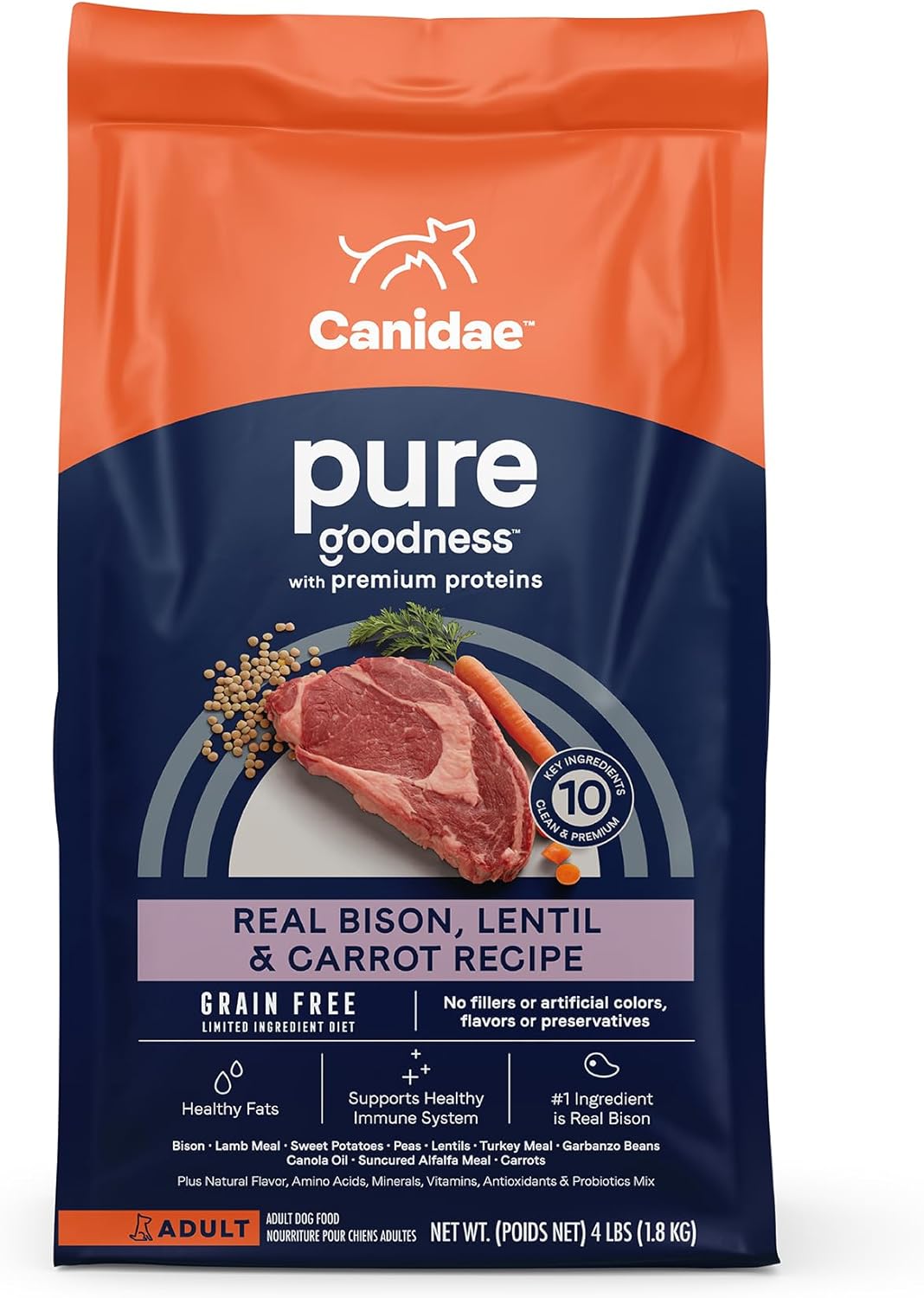 Canidae Pure Limited Ingredient Premium Adult Dry Dog Food, Real Bison, Lentil & Carrot Recipe, 4 lbs, Grain Free