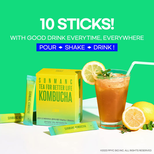 Sunmanc Kombucha 10 Packets, Sparkling Probiotic Fermented Drink, Convenient Powdered Drink Mix, Tea Powder, Low Calories, Sugar 0G, Low Caffeine (Lemon)