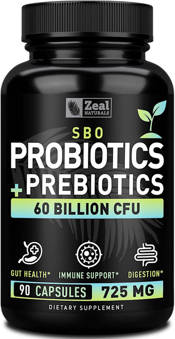 Probiotics And Prebiotics + Sbo Probiotics (60 Billion Cfu | 90 Capsules) Acidophilus Probiotic W. Saccharomyces Boulardii, Bifidobacterium + Spore Probiotic & Organic Sprouted Prebiotic Fiber Blend