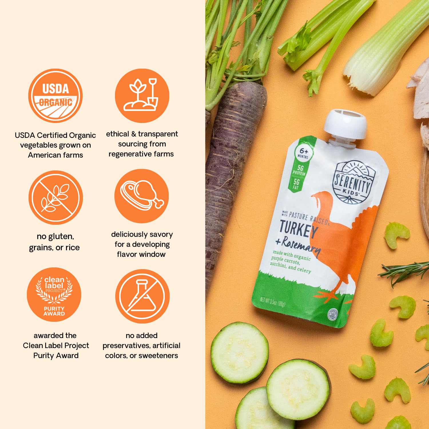 Serenity Kids 6+ Months Baby Food Pouches Puree Made With Ethically Sourced Meats & Organic Veggies | 3.5 Ounce BPA-Free Pouch | Pasture Raised Turkey & Rosemary, Purple Carrot, Zucchini | 6 Count : Baby