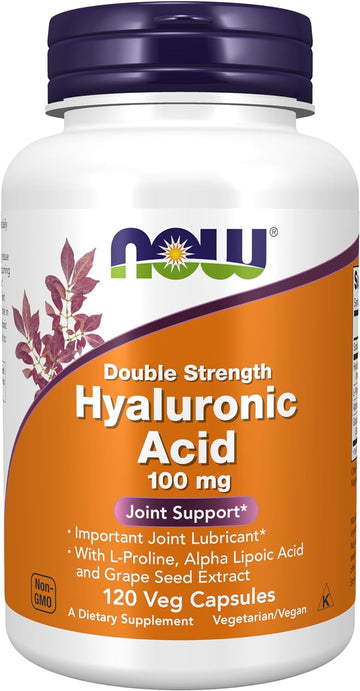 Now Foods Supplements, Hyaluronic Acid 100 Mg, Double Strength With L-Proline, Alpha Lipoic Acid And Grape Seed Extract, 120 Veg Capsules