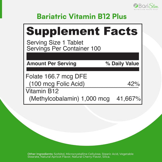 Vitamin B12 Plus Tablets - Bariatric Formulated for Post Weight Loss Surgery, Including Gastric Bypass & Gastric Sleeve - Supports Energy Levels & Overall Health | Cherry Flavor
