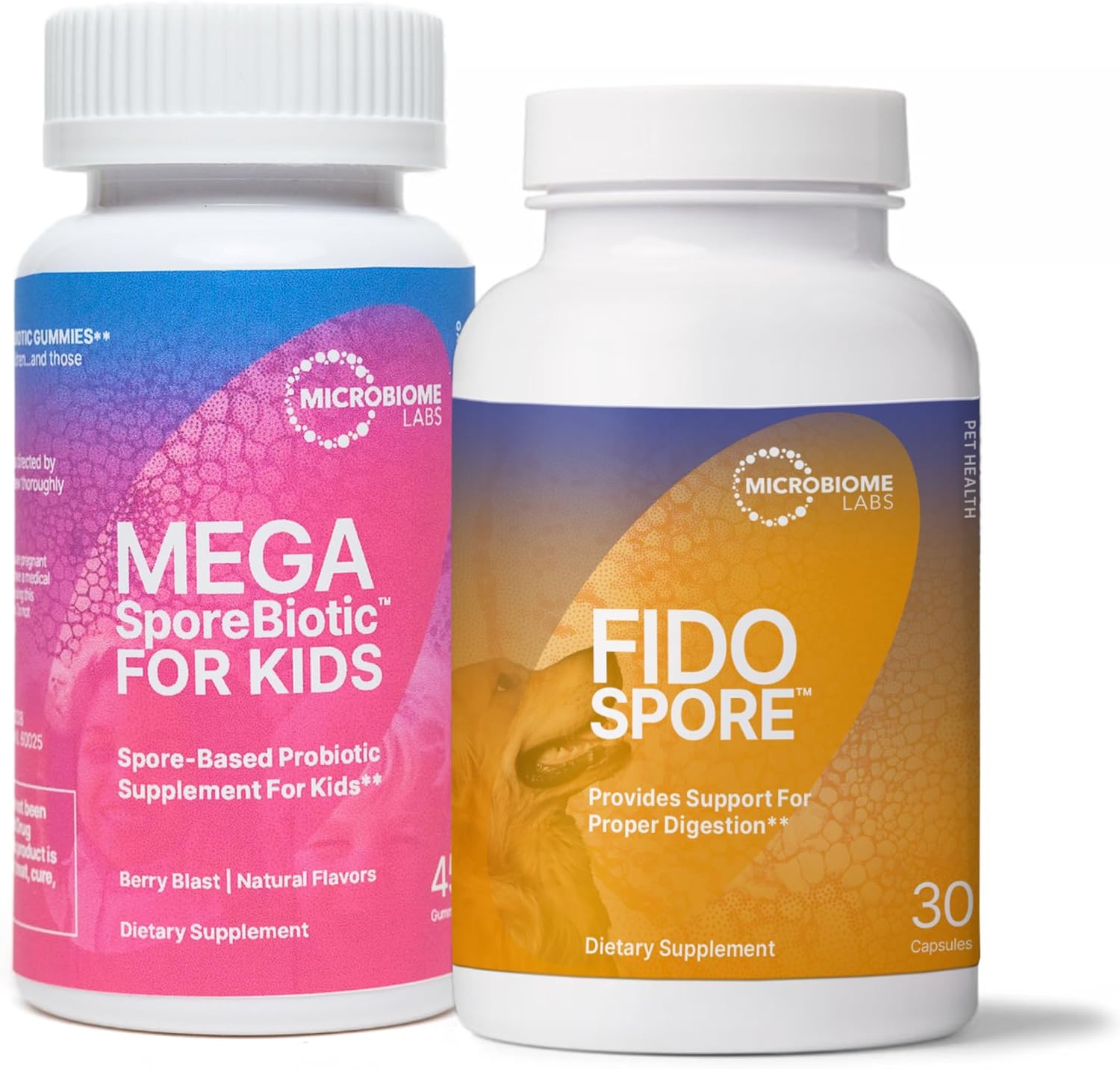 Microbiome Labs Kids & Pet Probiotic Bundle - Megasporebiotic For Children + Fidospore Spore Based Probiotics For Dogs And Cats