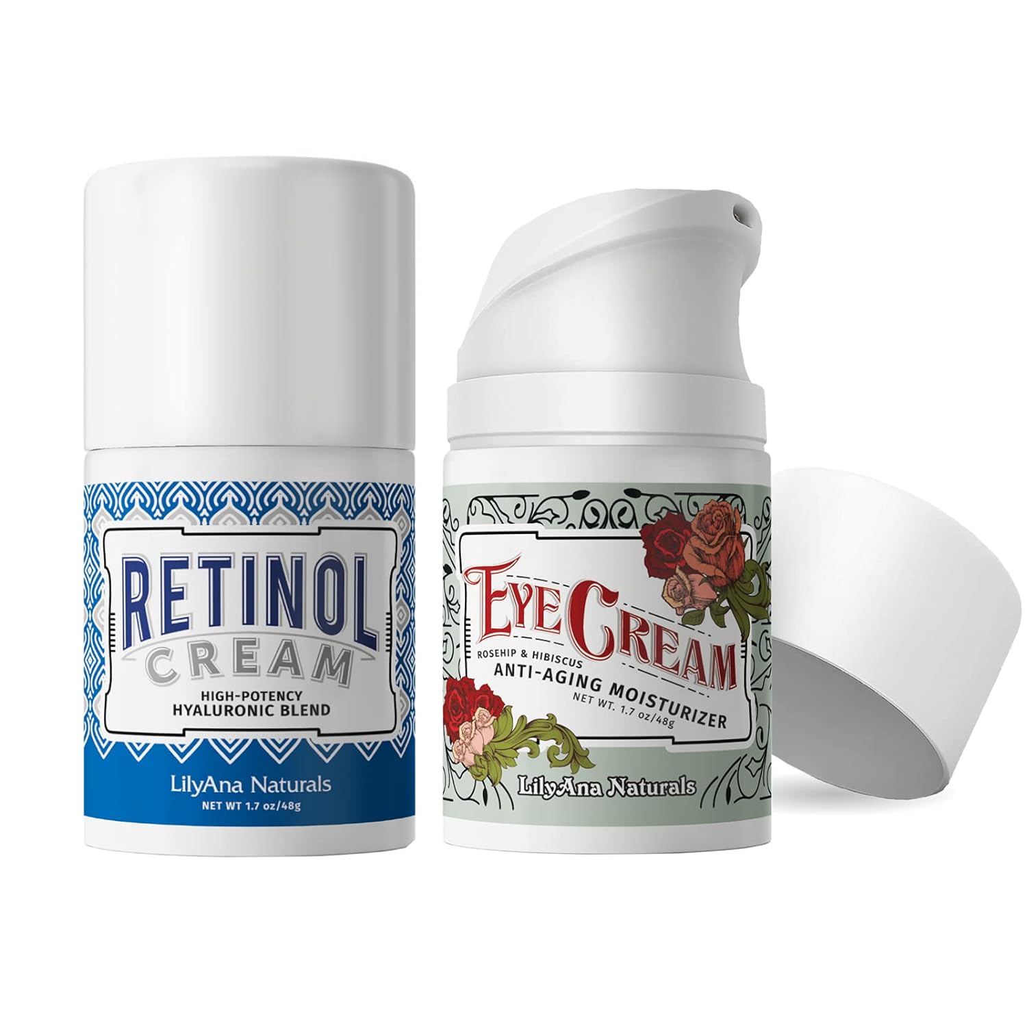 LilyAna Naturals Anti Aging Retinol Cream and Eye Cream Bundle 1.07 oz - Retinol Moisturizer for Face and Under Eye Cream for Dark Circles and Puffiness, Improve the look of Fine Lines and Wrinkles