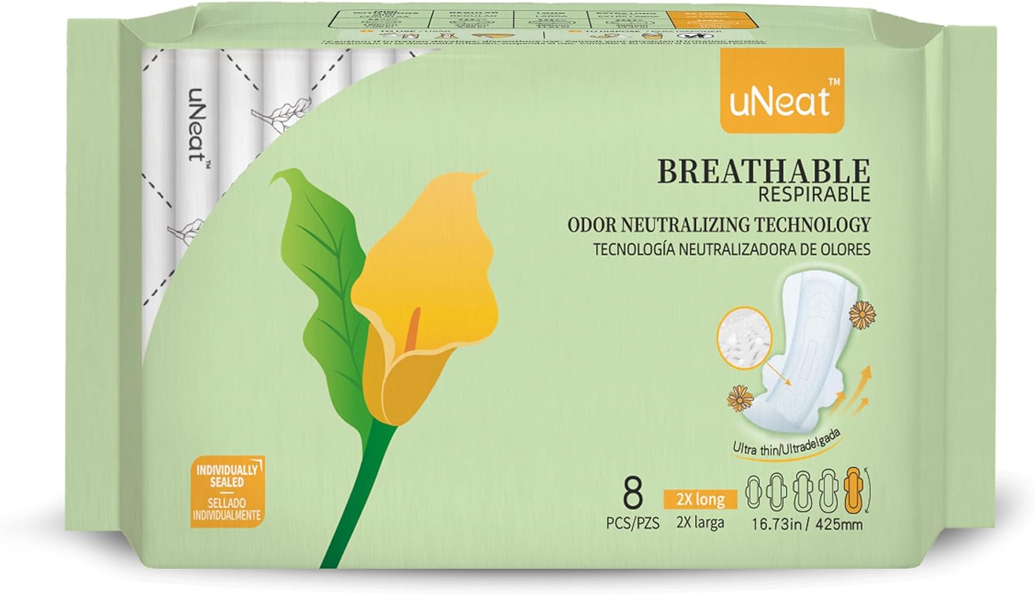 uNeat Ultra Thin Breathable Feminine Pads with Wings for Women, Odor-Neutralizing Tech, Unscented, Heavy, Extra Heavy Absorbency, Overnight (2X Long, 8 Count)