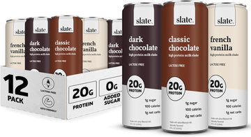 Slate Milk - High Protein Milk Shake - Core Variety Pack - Classic Chocolate, Dark Chocolate, French Vanilla - Lactose Free, 20G Protein, 1G Sugar, 100 Calories, 1-2G Net Carbs - 11 Fl Oz, 12 Cans