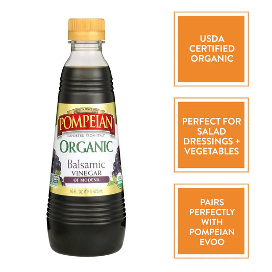 Pompeian Gourmet Organic Balsamic Vinegar, Perfect For Salad Dressings, Marinades & Vegetables, Non-Allergenic, Non-Gmo, 16 Fl. Oz