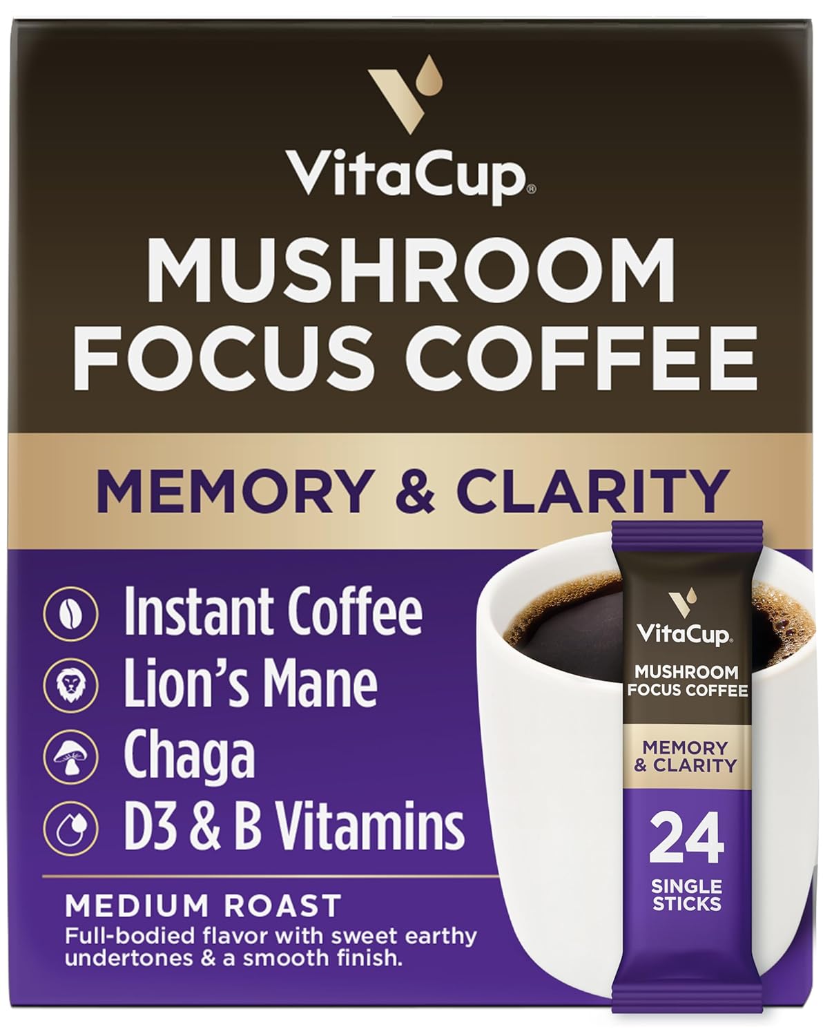 Vitacup Focus Mushroom Coffee Instant Packets, For Memory & Clarity Support, W/Fiber, Chaga, Lion’S Mane, D3, B Vitamins, Medium Roast, 100% Arabica & Robusta Coffee In Single Serve Sticks, 24 Ct