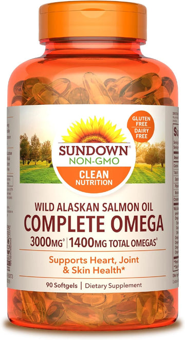 Sundown Complete Omega Wild Alaskan Salmon Oil, Fish Oil Supplement, 1400 mg Total Omegas, 90 Softgels (Packaging May Vary)