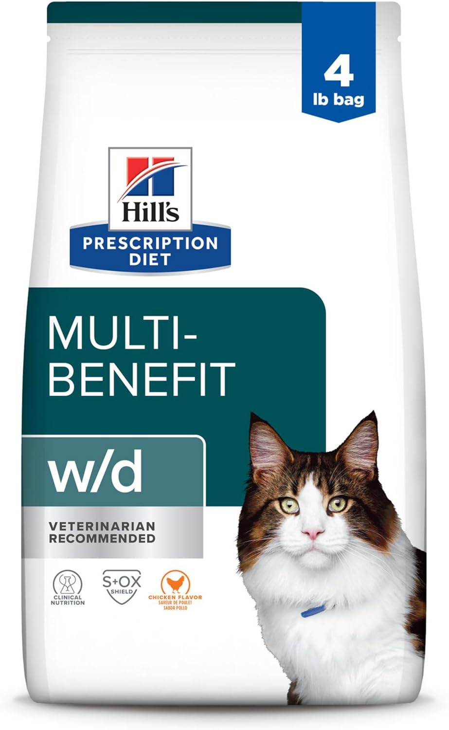 Hill'S Prescription Diet W/D Multi-Benefit Digestive/Weight/Glucose/Urinary Management Chicken Flavor Dry Cat Food, Veterinary Diet, 4 Lb. Bag