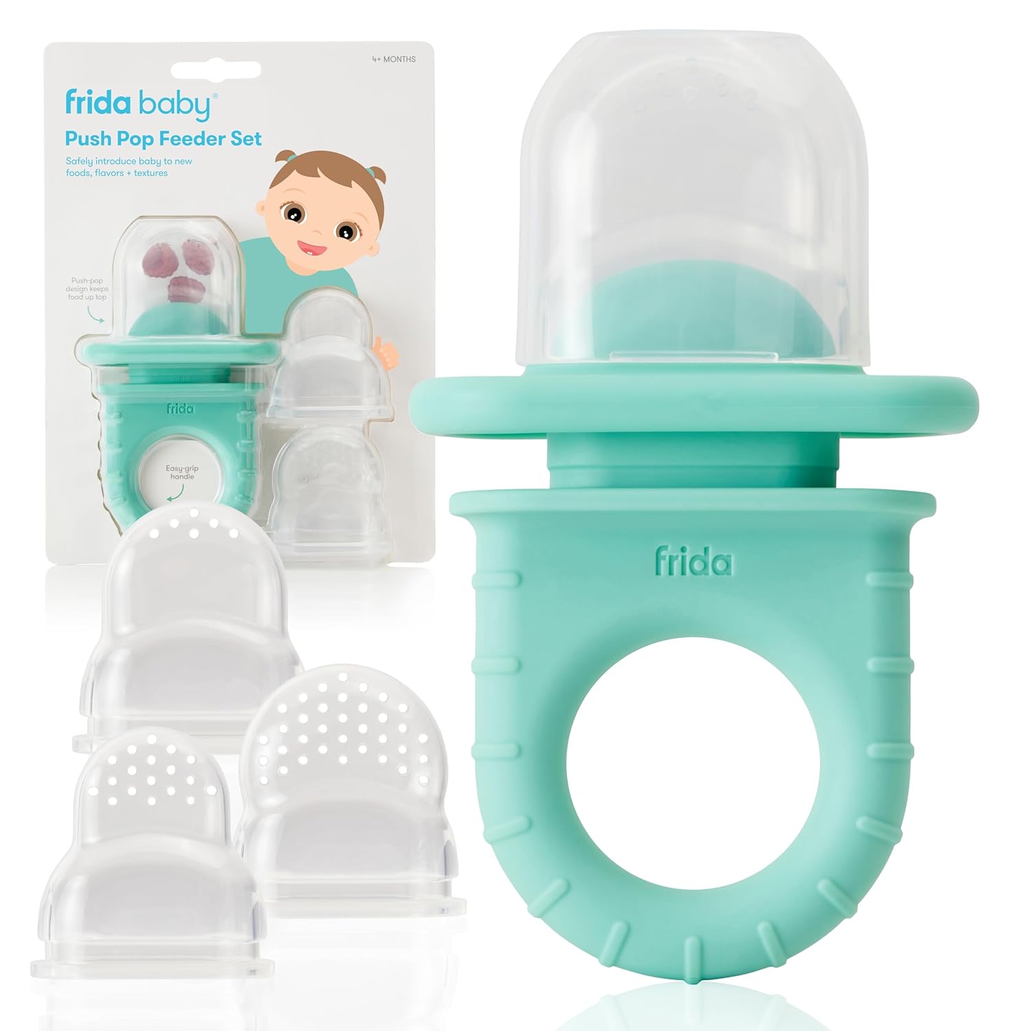 Frida Baby Push Pop Feeder, Baby Fruit Feeder, Baby Fruit Food Feeder To Safely Introduce New Foods, Fresh + Frozen Food Silicone Feeder For Babies, Bpa Free, Dishwasher Safe | 3 Count, Teal