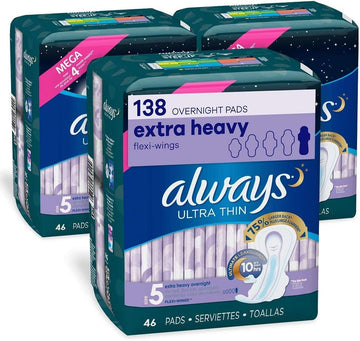Always Ultra Thin Feminine Pads With Wings For Women, Size 5, 60 Count, Extra Heavy Overnight Absorbency, Scented (20 Count, Pack Of 3 - 60 Count Total)
