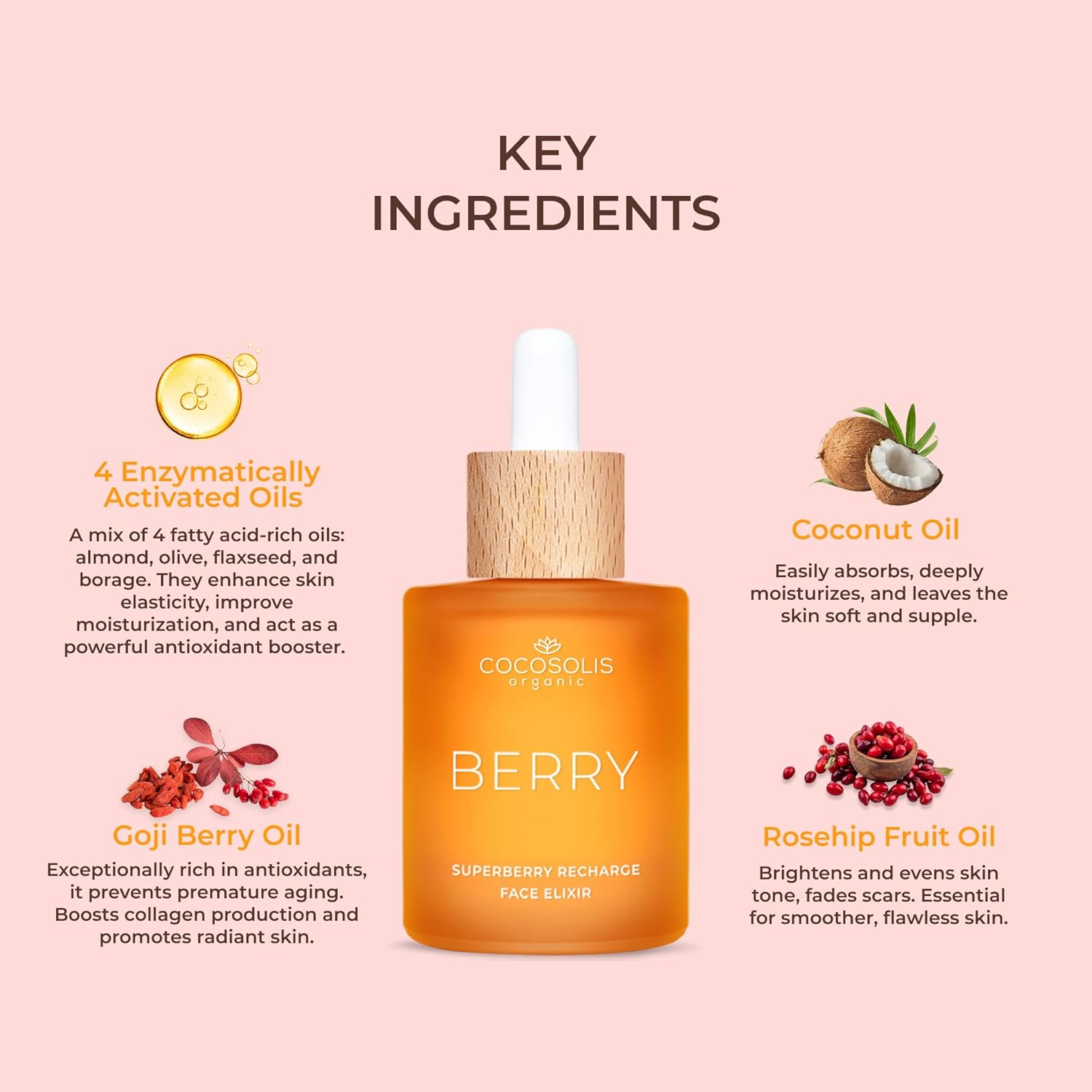 Cocosolis Berry Superberry Recharge Face Elixir, Facial Elixir With Organic Oils, Vegan Nourishing Day Care With Vitamin E And Enzyme-Activated Oils : Beauty & Personal Care