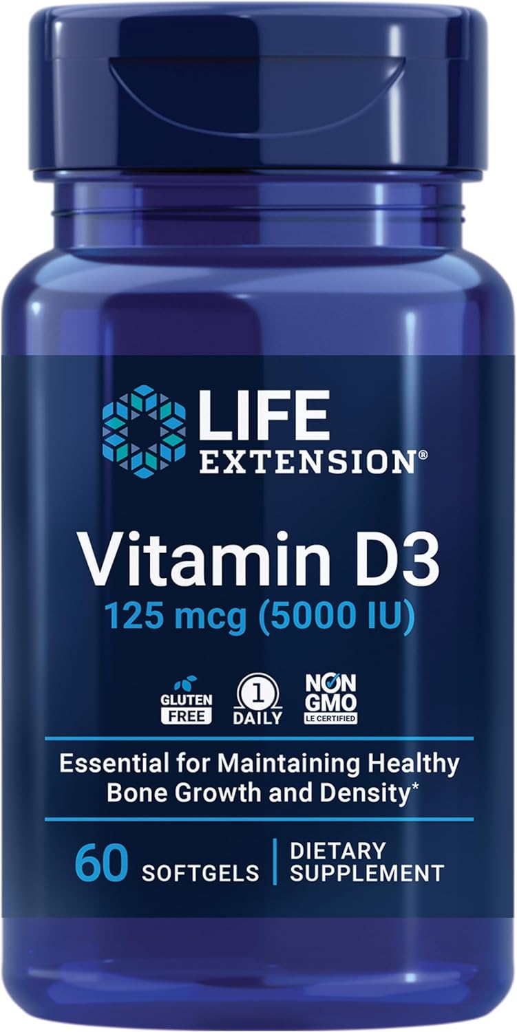 Life Extension Vitamin D3 125 Mcg (5000 Iu), Bone Health, Brain Performance, Immune System Support, Gluten-Free, Non-Gmo, Once Daily, Two-Month Supply, 60 Softgels