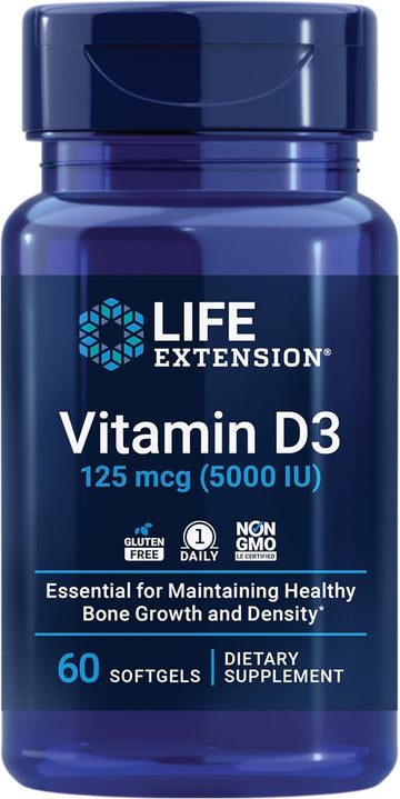 Life Extension Vitamin D3 125 Mcg (5000 Iu), Bone Health, Brain Performance, Immune System Support, Gluten-Free, Non-Gmo, Once Daily, Two-Month Supply, 60 Softgels