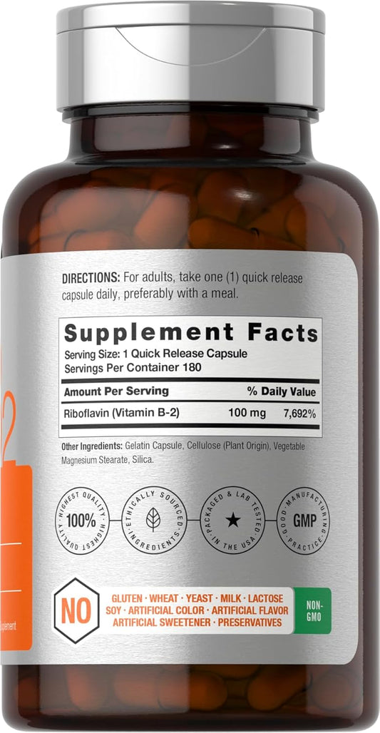 Horbäach Vitamin B-2 100Mg | 180 Capsules | Non-Gmo & Gluten Free Supplement | Vitamin B2 Riboflavin