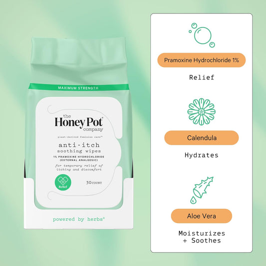 The Honey Pot Company - Anti-Itch Soothing Wipes - At Home Or On The Go Medicated Feminine Wipes. Temporary Relief Of Itching And Discomfort. Maximum Strength - 30 Ct