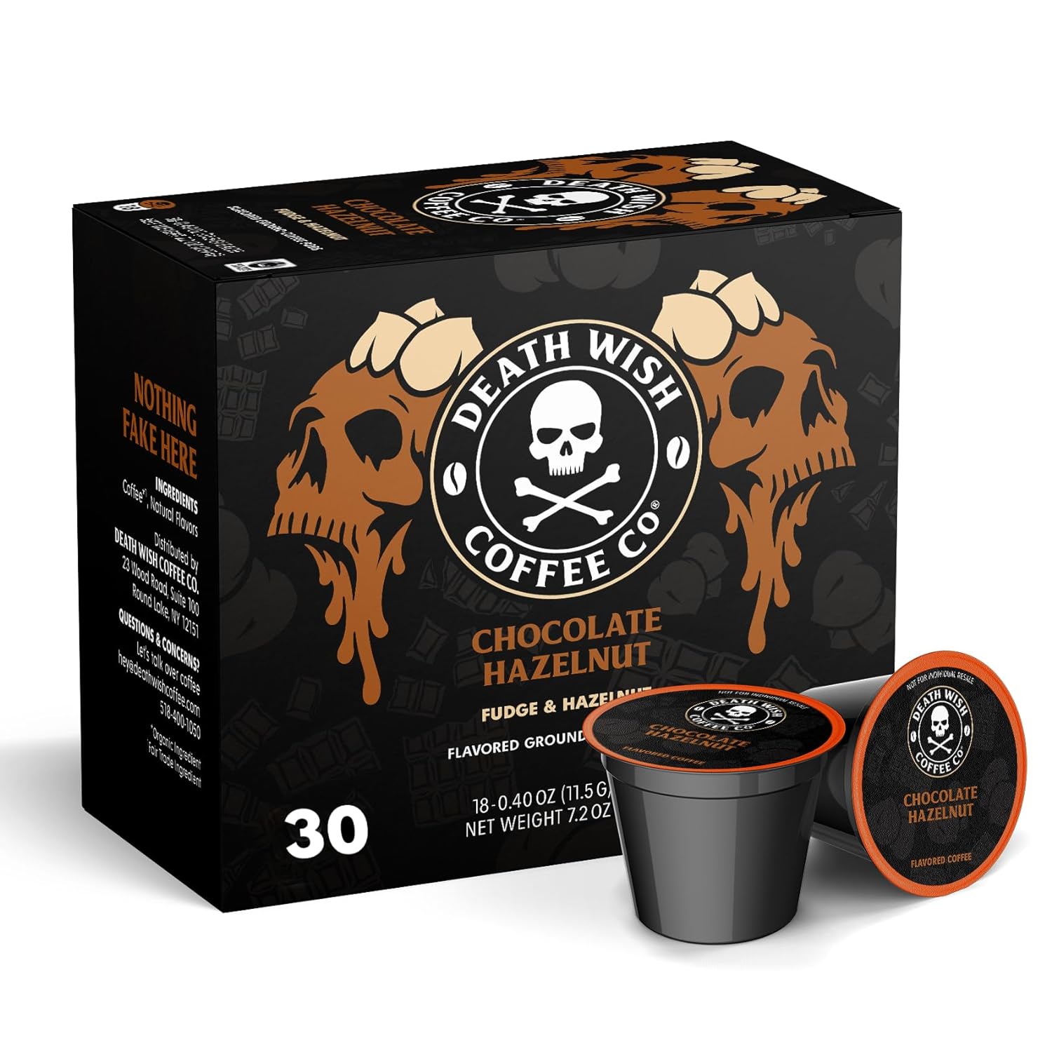 Death Wish Coffee - Single Serve Pods - Dark Roast Coffee Pods - Made with USDA Certified Organic - Extra Kick of Caffeine (Chocolate Hazelnut, 30 Count)