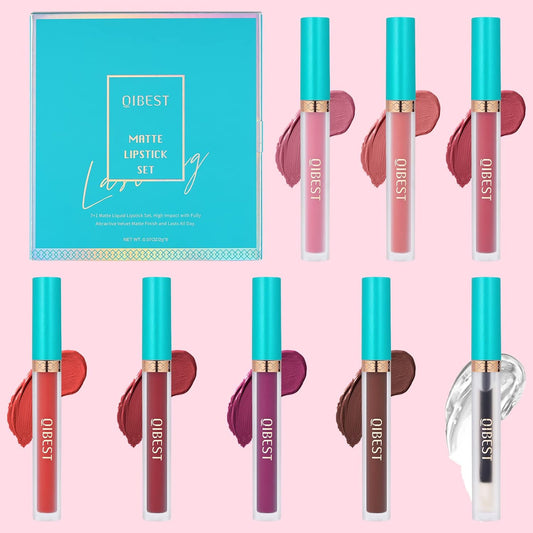 Qibest 7 Matte Liquid Lipstick With 1 Lip Plumber Gloss Makeup Set Long Lasting High Pigmented Velvety Waterproof Nude Lipgloss Kit Make Up Gift Sets For Women Girls