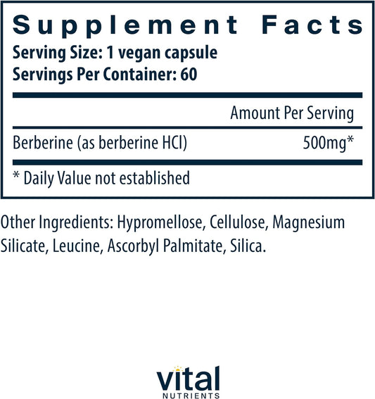 Vital Nutrients Berberine |Supports Bowel Function and Normal Triglyceride Levels |Vegan Supplement| Gluten, Dairy, and Soy Free |500 mg |60 Capsule