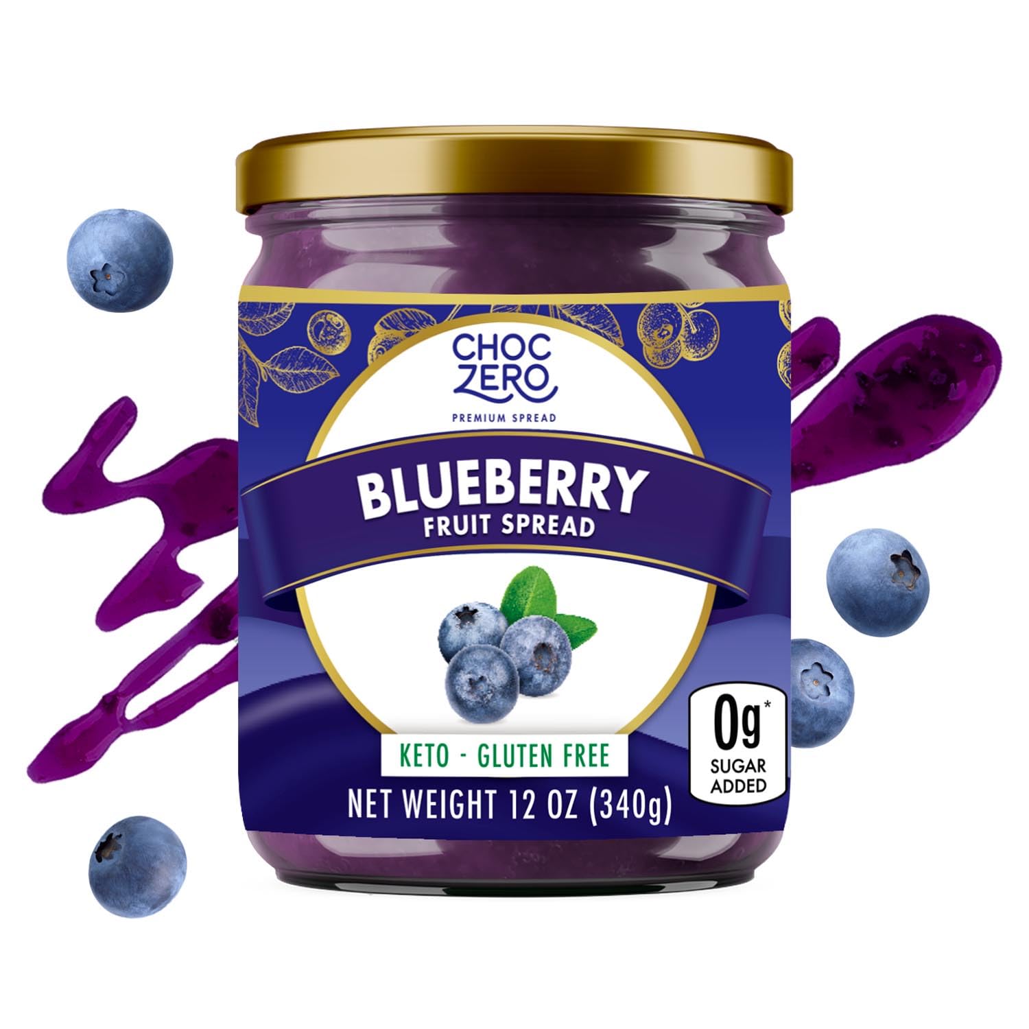 Choczero Keto Blueberry Fruit Spread, No Added Sugar, Low Carb, All Natural Fruit Jam, Sweetened With Monk Fruit (1 Jar, 12 Oz)