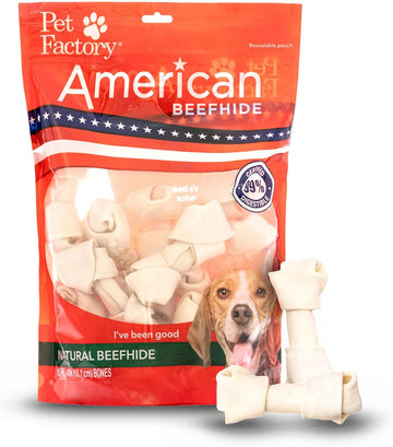 Pet Factory American Beefhide 4-5" Knotted Bones Dog Chew Treats - Natural Flavor, 15 Count/1 Pack