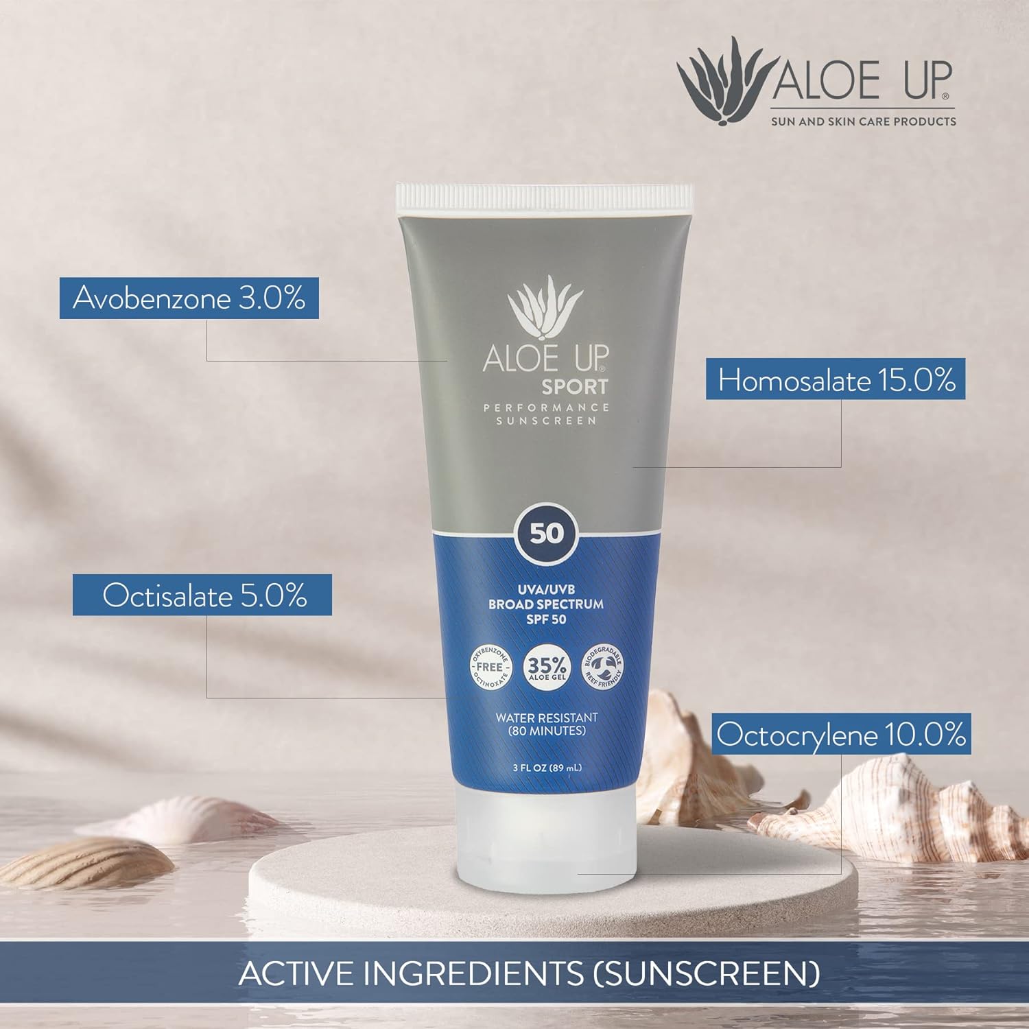 Aloe Up Sport Sunscreen Lotion SPF 50 - Broad Spectrum UVA/UVB Sunscreen Protector for Face and Body - With Hydrating Aloe Vera Gel - Non-Greasy - No White Cast - Reef Safe - Fragrance-Free - 3 Oz : Beauty & Personal Care