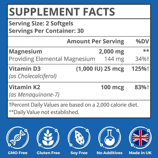 Liposomal Magnesium L-Threonate 2000Mg-High Absorption-Magnesium Threonate Supplements With Vitamin D3 & K2 For Women,Men,60 Magnesium L Threonate Capsules For Brain,Memory,Cognition,Bone,Muscle