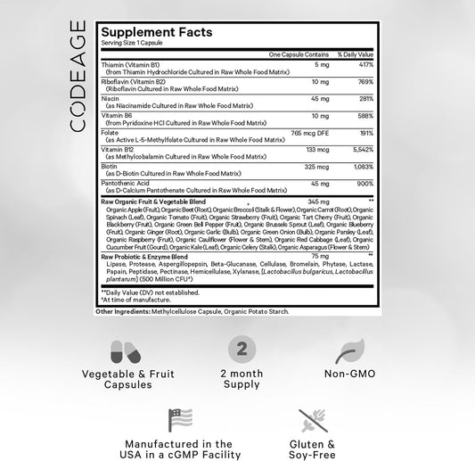 Codeage Raw Vitamin B-Complex Supplement - Essential B Vitamins With Probiotics, Digestive Enzymes, Fruits & Vegetables - 2-Month Supply - Methylfolate - Biotin - Vitamin B12 - Non-Gmo - 60 Capsules