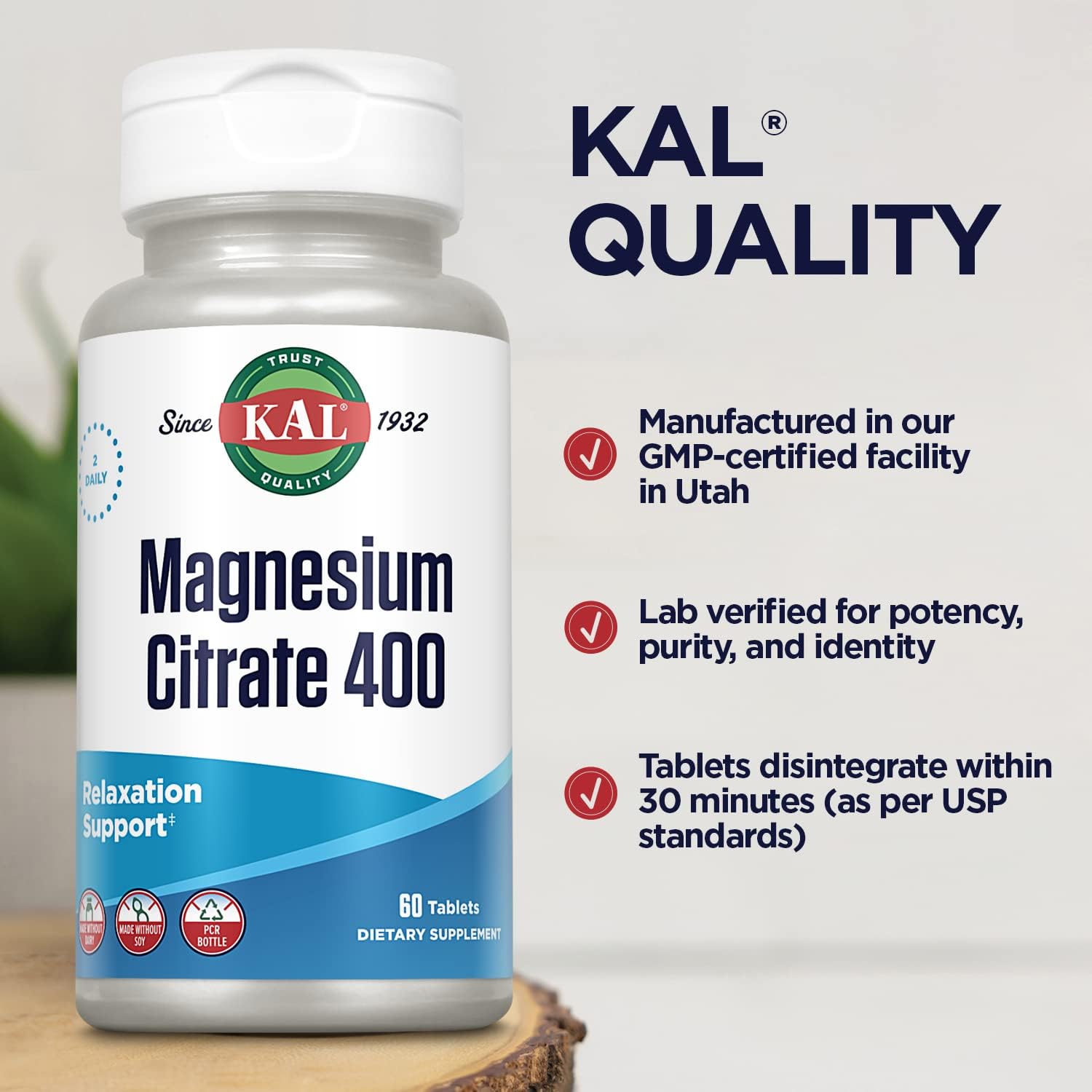 KAL Magnesium Citrate 400mg, Magnesium Supplement for Healthy Muscle Function, Relaxation, Nerve and Circulation Support, Rapid Disintegration ActivTabs, Vegan, Gluten Free, 30 Servings, 60 Tablets : Health & Household