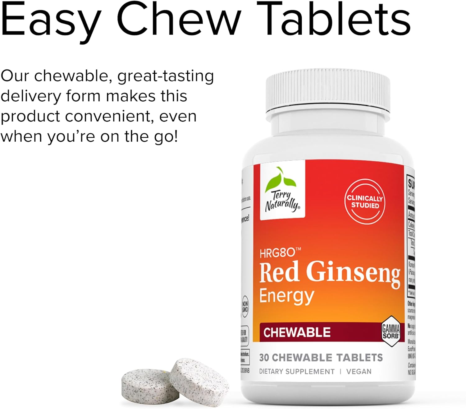 Terry Naturally HRG80 Red Ginseng Energy - 30 Chewable Tablets - Red Ginseng Root Powder, Panax Ginseng, HRG80 - Non-GMO, Vegan, Gluten Free - 30 Servings : Health & Household